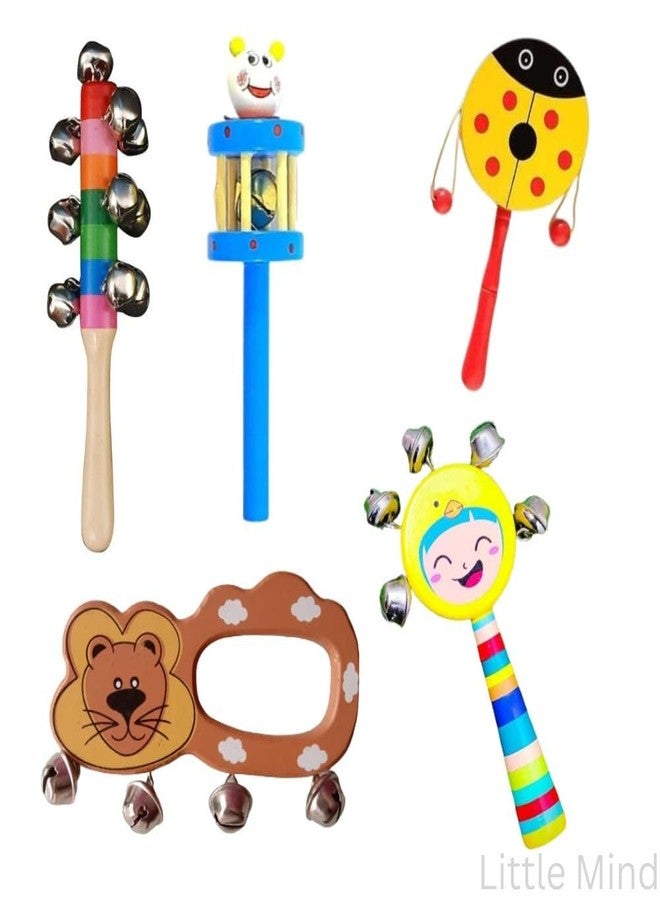 Little Mind Wooden Hand Crafted Rattle Set for Kids, Babies, Infants, Non Toxic Finished Instrument - Pack of 5- Multi Color - Image 1